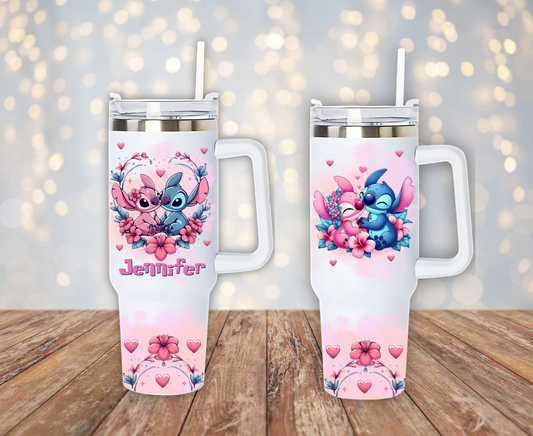 Lilo and stitch Tumbler in pink. Personalize gift, perfect for Mother, Sister, Brother, Father, Grandmother, Grandfather.