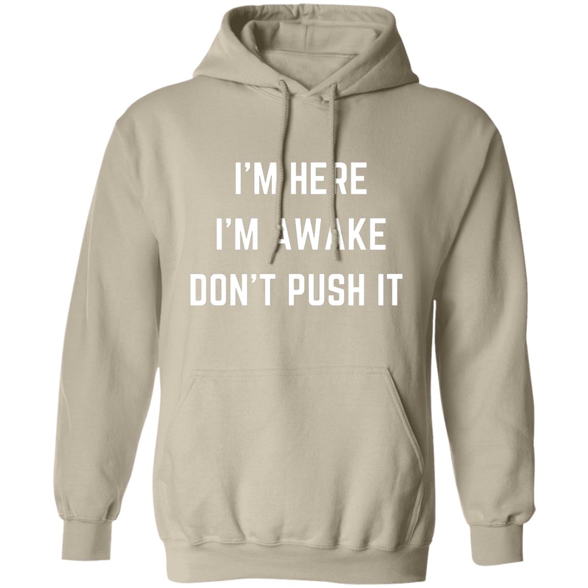 I'm Here I'm Awake Don't Push It HoodieSarcastic Hoodie Funny Hooded Sweatshirt Funny Winter Hoodies Adult Humor Funny Gift Idea Sarcasm G185 Pullover Hoodie