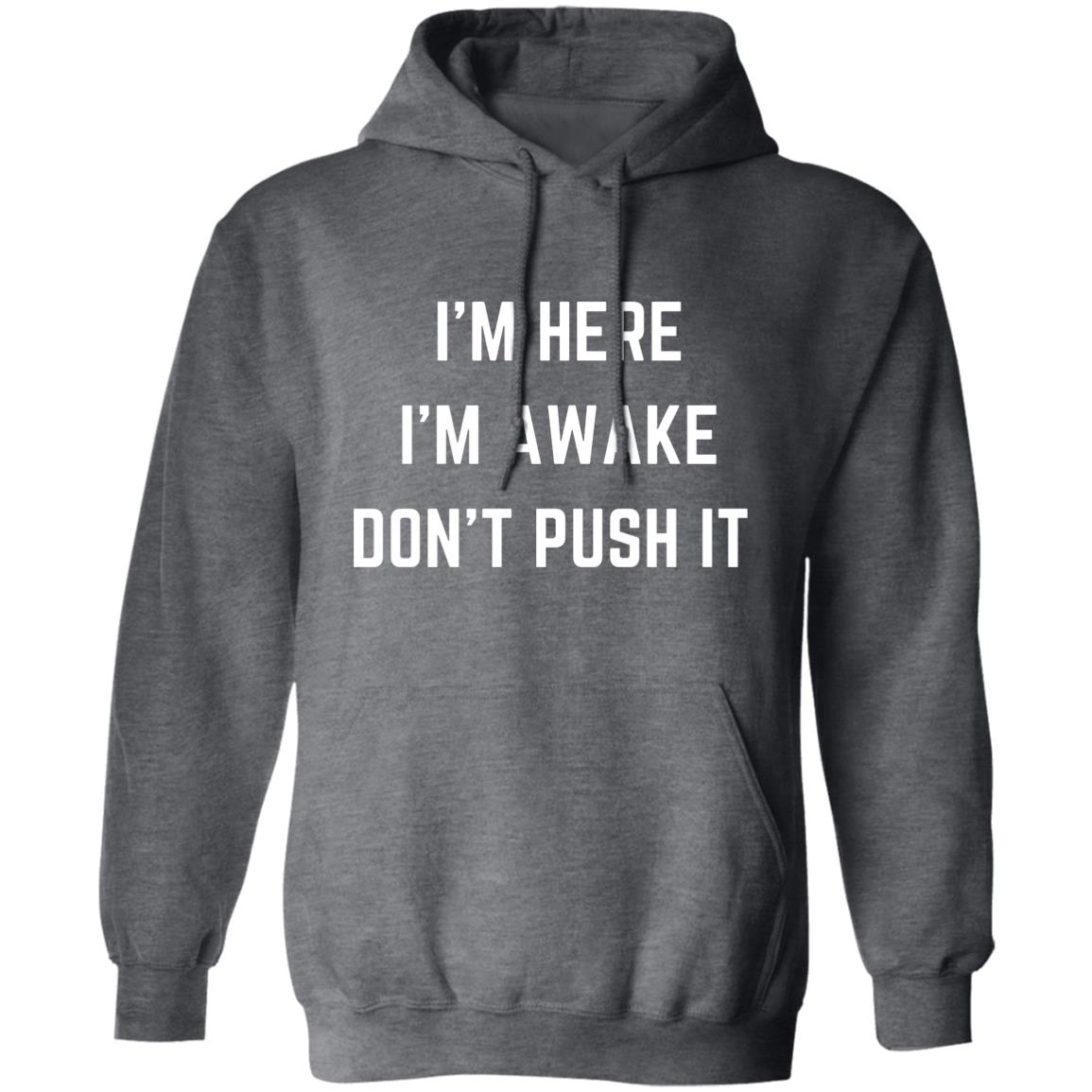 I'm Here I'm Awake Don't Push It HoodieSarcastic Hoodie Funny Hooded Sweatshirt Funny Winter Hoodies Adult Humor Funny Gift Idea Sarcasm G185 Pullover Hoodie