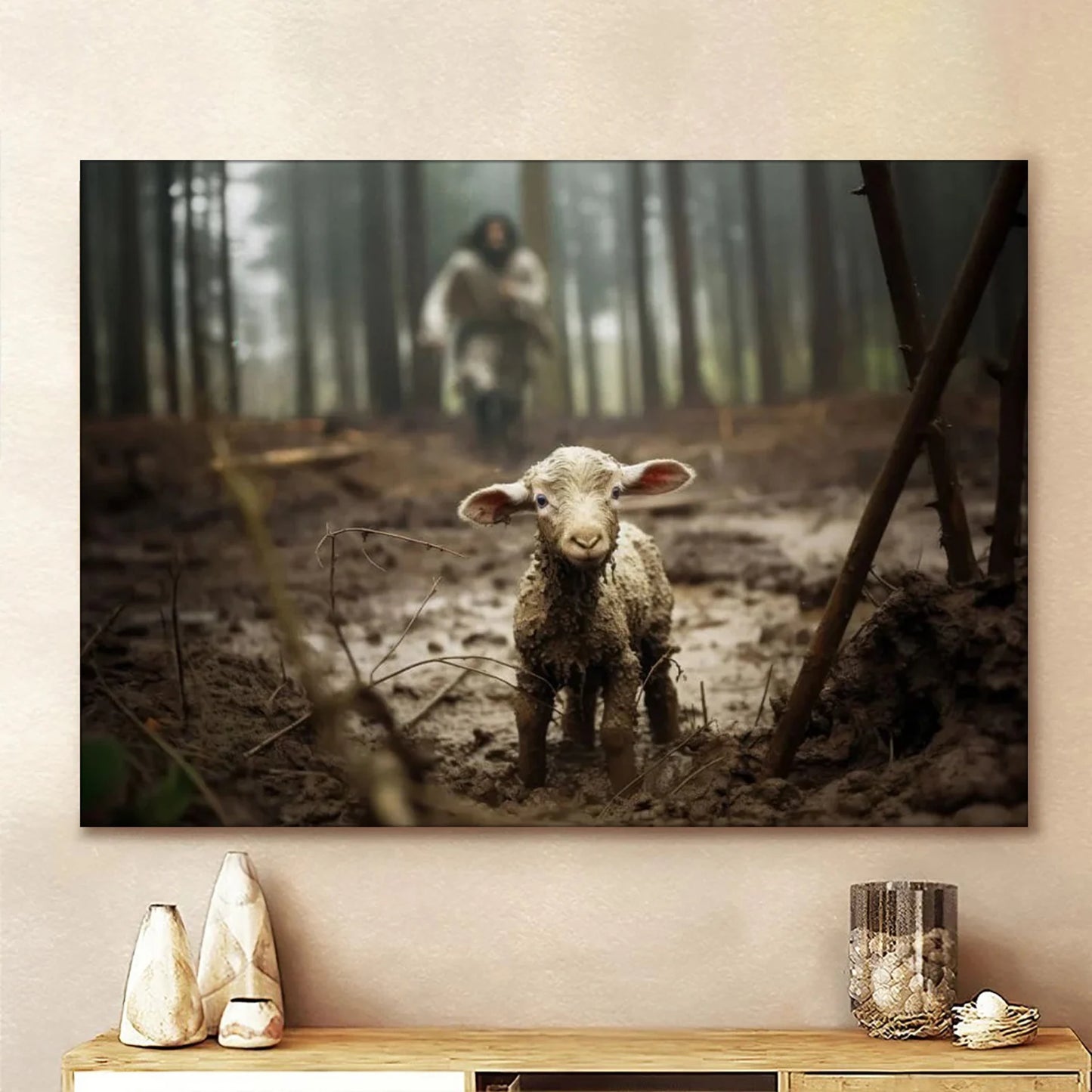 Jesus and the lost Lamb Canvas .75in Frame