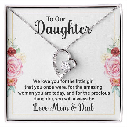 Forever Love Necklace, Daughters gift from Mom & Dad, white gold finish, yellow gold finish, Personalized Gift