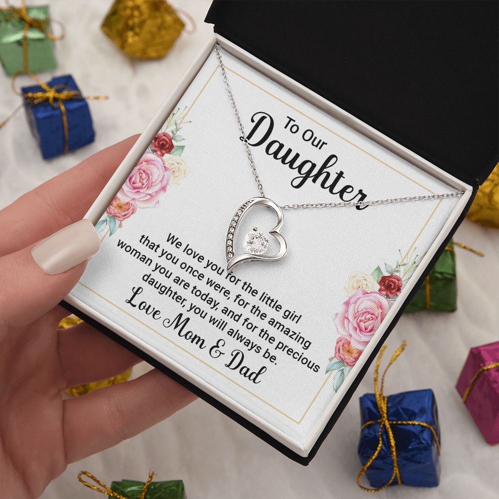 Forever Love Necklace, Daughters gift from Mom & Dad, white gold finish, yellow gold finish, Personalized Gift