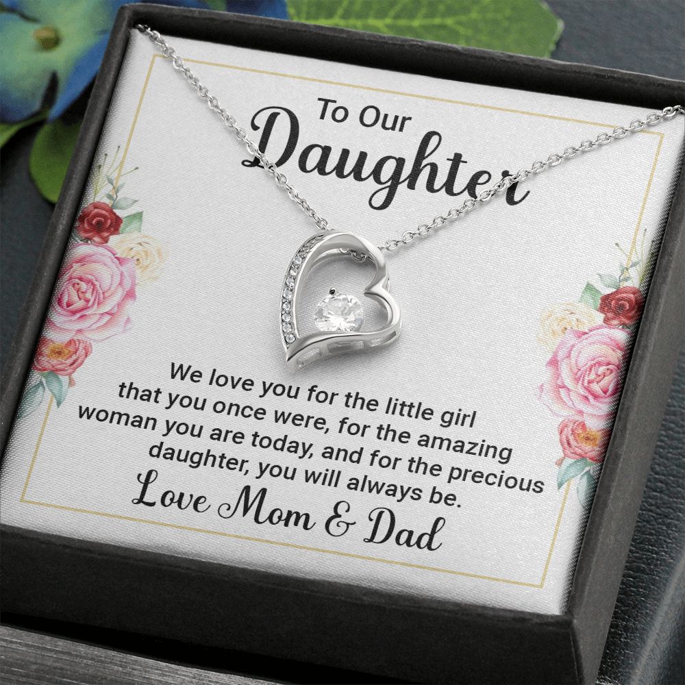 Forever Love Necklace, Daughters gift from Mom & Dad, white gold finish, yellow gold finish, Personalized Gift